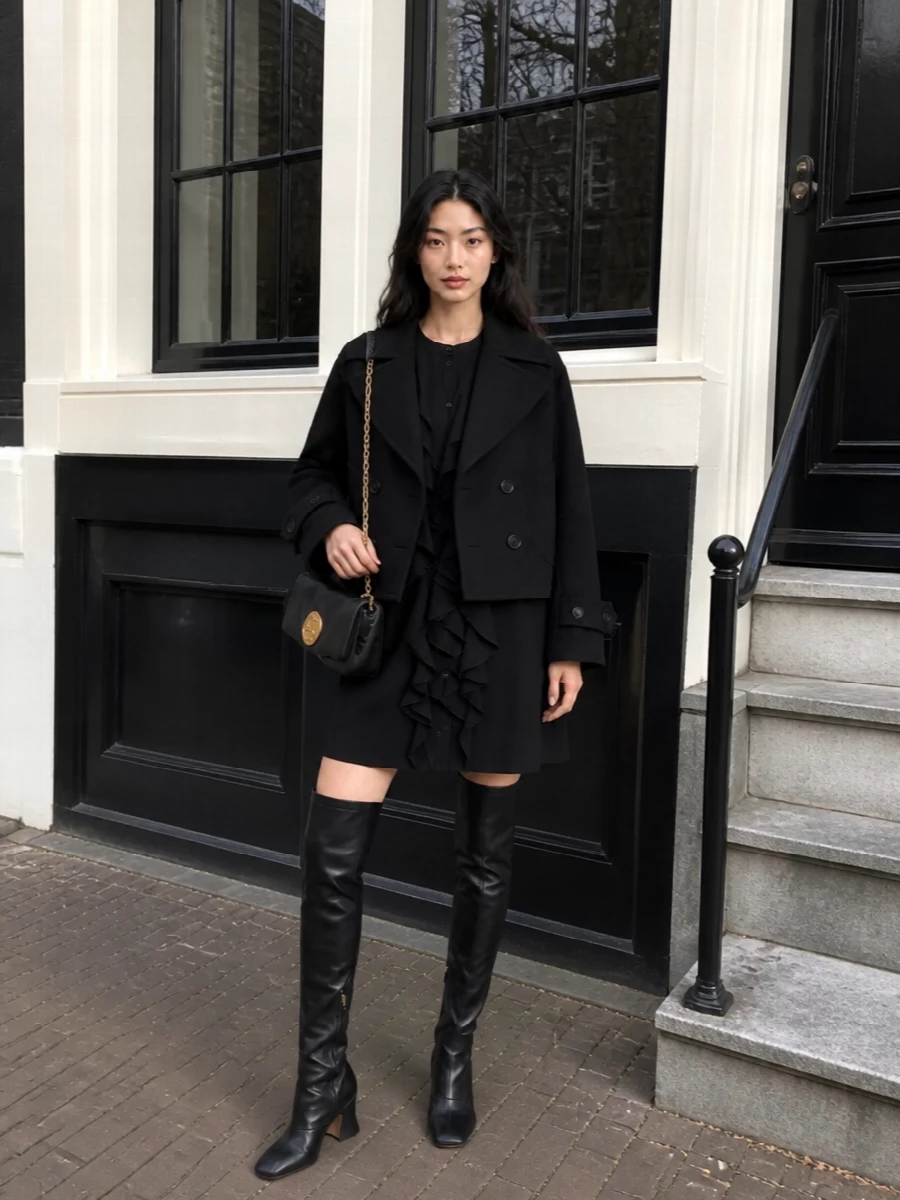Chloe black peacoat ruffled shift dress outfit