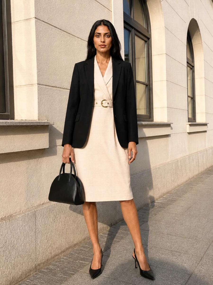 Apc blazer pinko beige sheath dress outfit