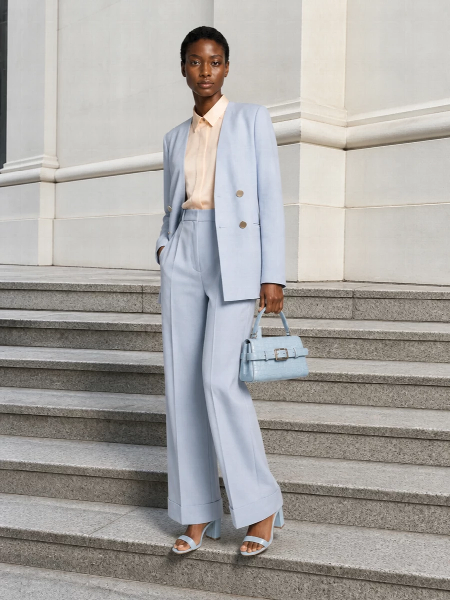 I am building a tailored trouser outfit rather than pairing the blazer with a dress, so we keep the suiting story coherent around Alberta Ferretti’s powder-blue jacket. The result is a near-monochrome column of soft blues anchored by a matching wide-leg trouser, a clean beige shirt for warmth, and tonal light-blue accessories for a polished desk-to-dinner mood. It feels modern, refined and quietly confident, with proportion and color doing the work instead of overt statement pieces.