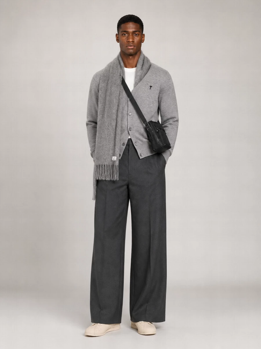 Ami Paris Wool V-Neck Ribbed Cardigan