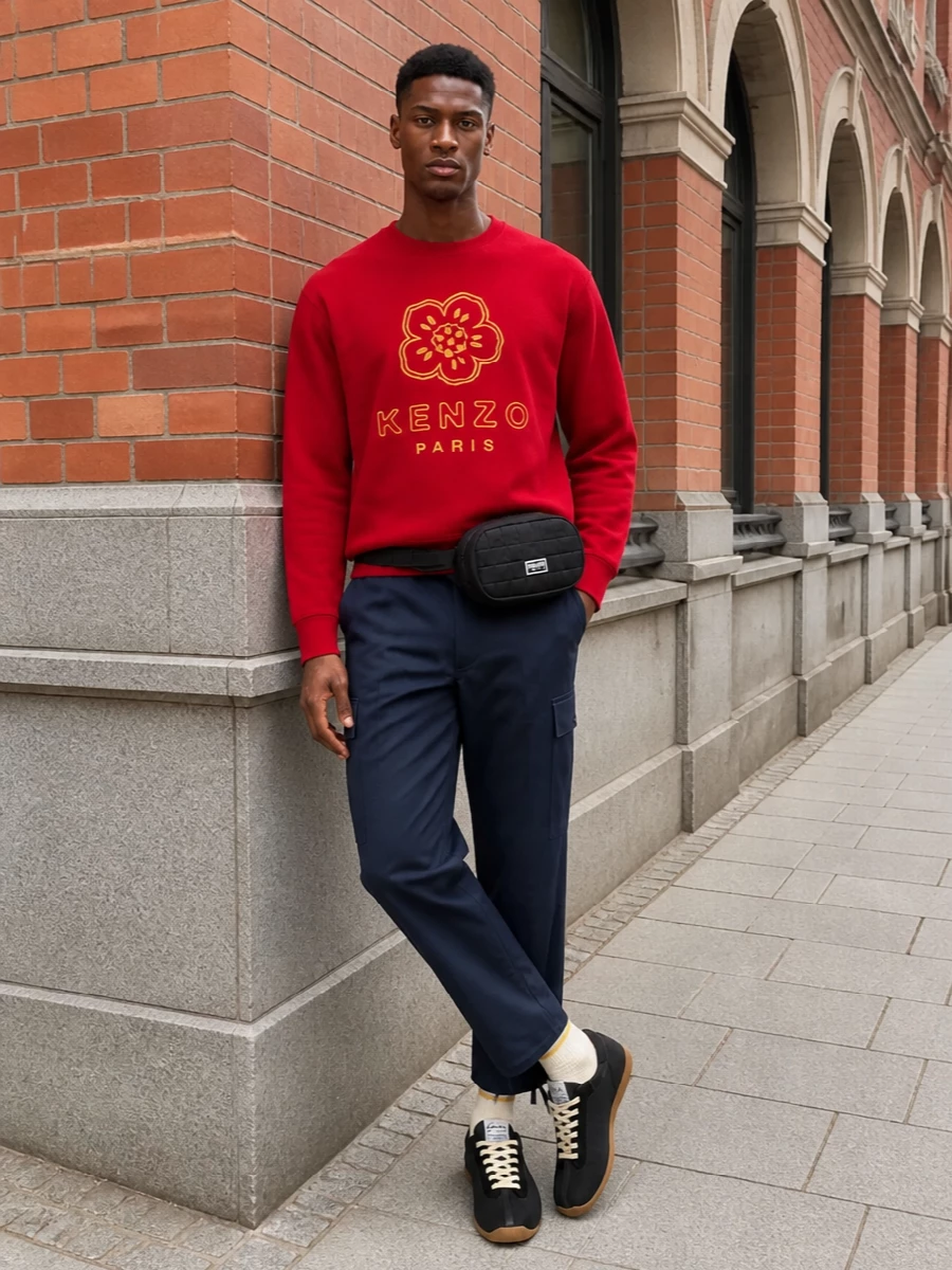 Kenzo red sweatshirt navy cargo pants outfit