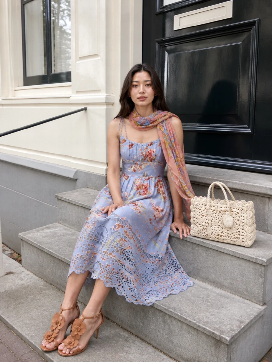 Zimmermann’s floral midi stays center stage, framed by tan strappy heels that pick up the dress’s warm terracotta tones and refine the line of the leg. An ivory crochet Jacquemus bag and softly printed wrap keep the mood romantic and bohemian, all texture and lightness for sunlit lunches and garden parties. The palette stays in dusty blues, peaches, and creams so the whole outfit feels harmonious rather than over-styled.