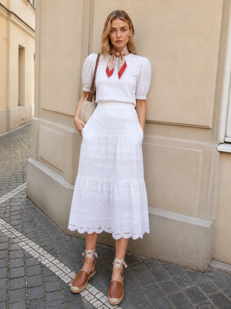 A crisp white puff-sleeve tee meets a light, tiered white midi for a monochrome Isabel Marant Étoile moment that feels romantic but still easy to wear. Tan espadrilles and a canvas shoulder bag warm up the palette, while a paisley scarf adds just a touch of color and boho character. The result feels relaxed yet considered, perfect for warm days in the city or on holiday streets.