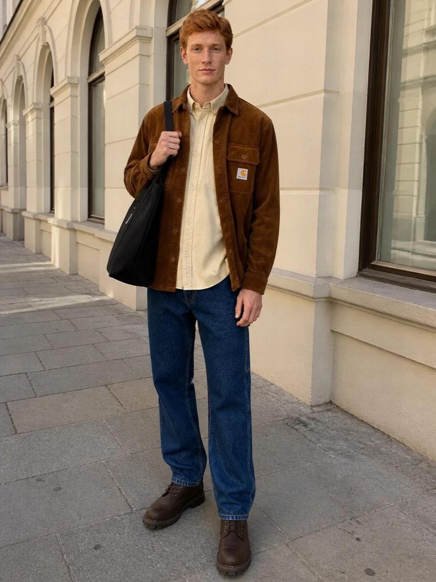 Rust cord, butter cream and classic indigo land in that sweet spot between campus and job site, all in Carhartt WIP’s wheelhouse. The straight denim and structured tote keep the profile clean, while dark Timberlands add weight and weather-proof attitude for cold city days.