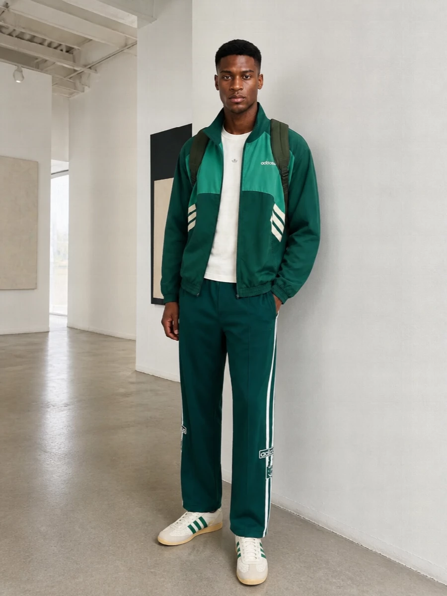 Adidas green track jacket retro sneakers outfit