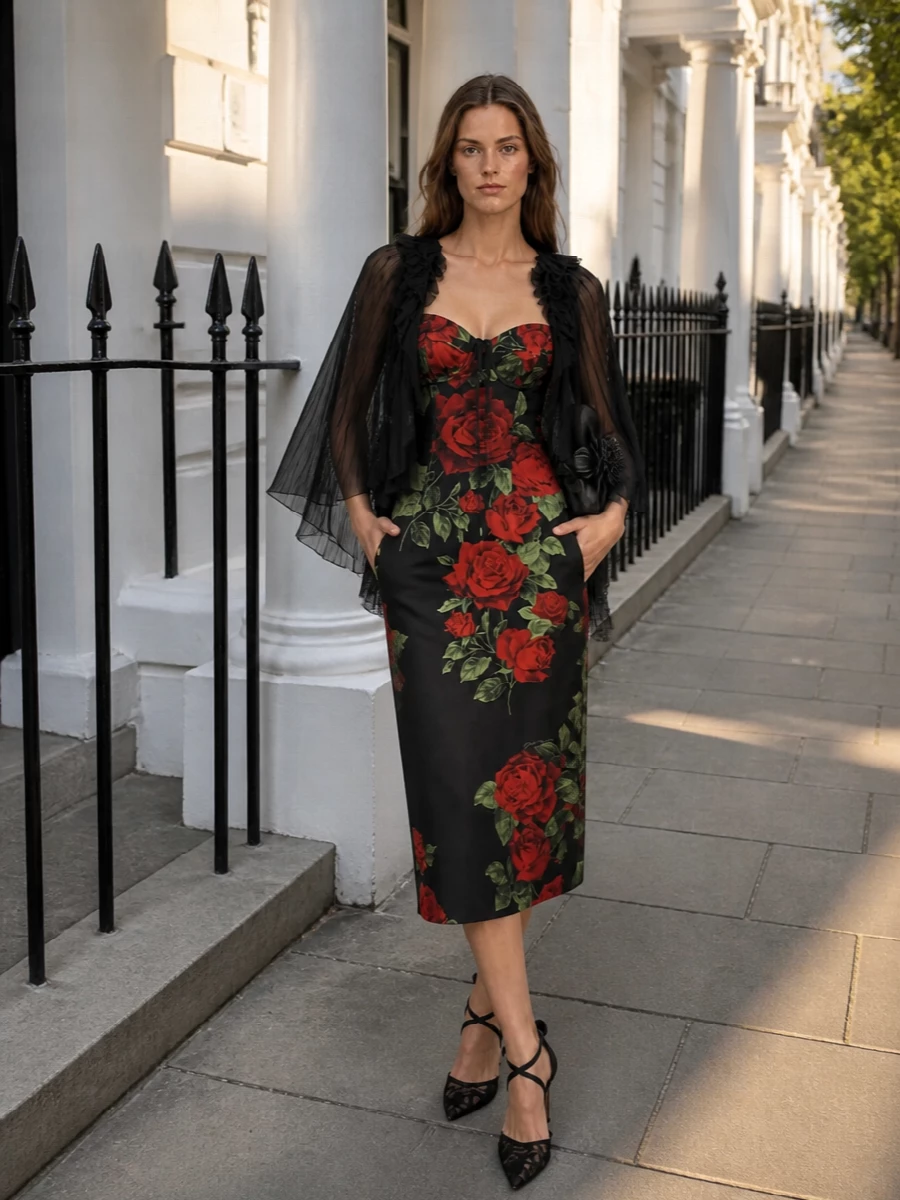 All eyes stay on the sculpted rose dress, framed with barely-there black lace slingbacks that elongate the line without distracting from the print. A tactile black floral clutch adds just enough texture and romance, keeping the entire ensemble dark, sensual and sharply cocktail-ready.