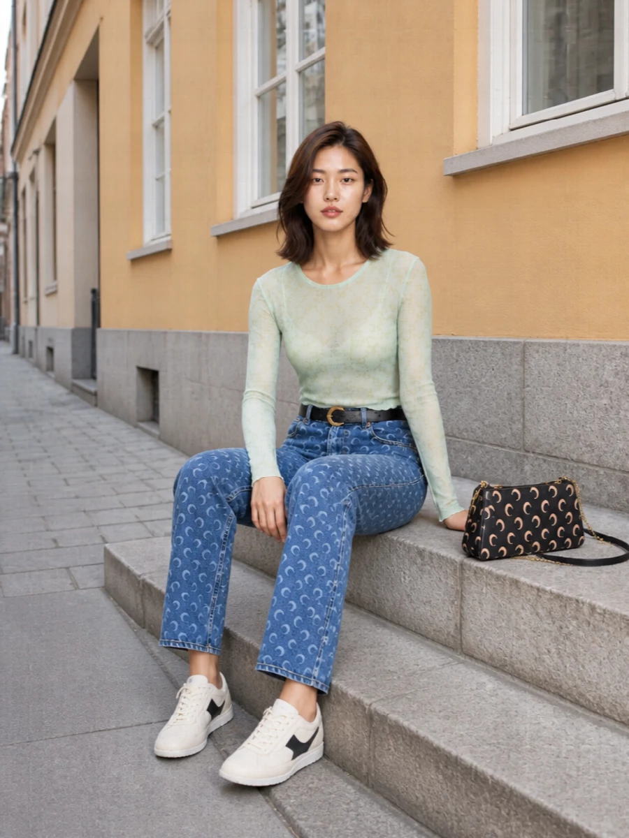 Marine serre mesh top crescent denim sneakers