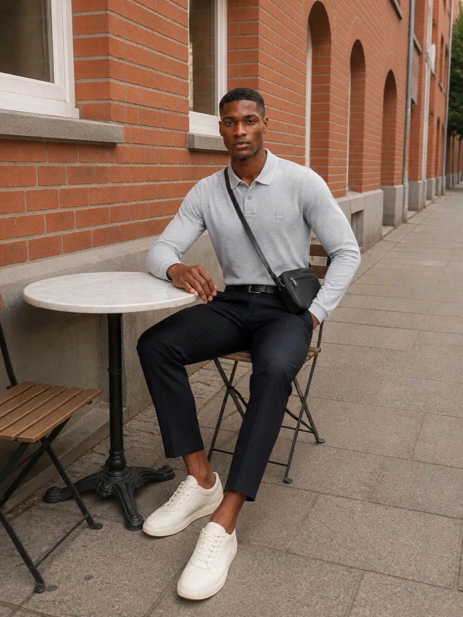 Boss grey polo navy cropped trousers sneakers