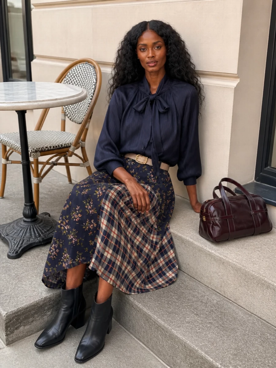Dries van noten midi skirt navy blouse outfit