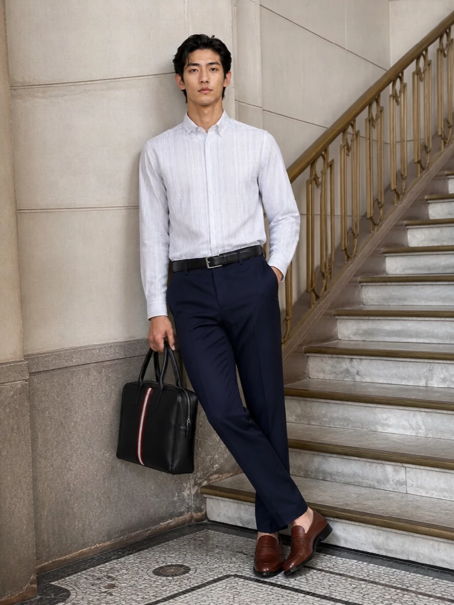 Paul smith striped shirt navy trousers loafers