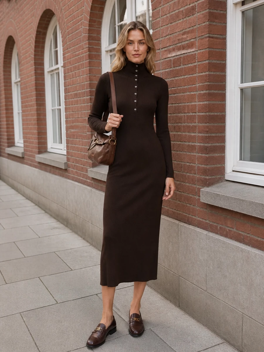 A deep chocolate ribbed midi dress and matching leather baguette create a long, uninterrupted line in warm brown, reading polished without feeling rigid. Dark moc loafers keep it firmly in the preppy camp, with subtle gold notes tying back to the bag for a cohesive, city-ready finish. I chose the dress route here because the single column of knitwear harmonises better with the compact bag than breaking the palette with separate top and bottom pieces.