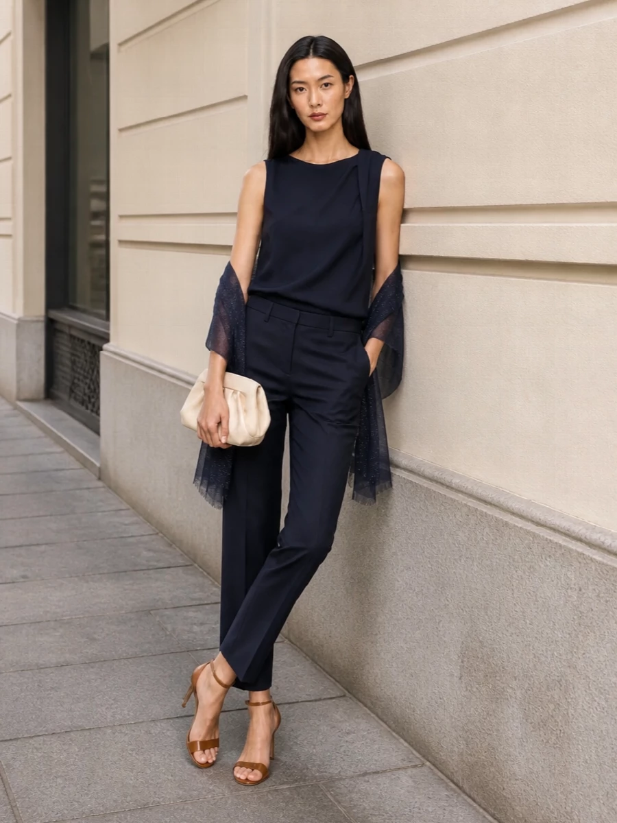 Parosh navy asymmetric top tailored trousers outfit