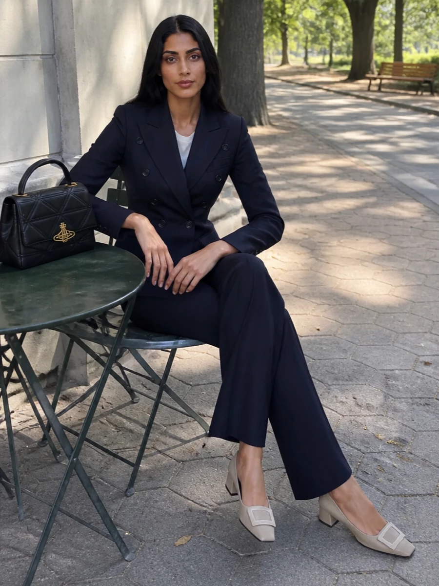 Vivienne Westwood tailoring is the focus here, with a sharply nipped navy blazer paired to matching pinstriped flares for a long, confident line. Taupe Roger Vivier pumps keep the palette soft but polished, while a structured black top-handle bag adds just enough attitude for client dinners or gallery nights. It is precise, feminine power dressing with a subtle, subversive edge.