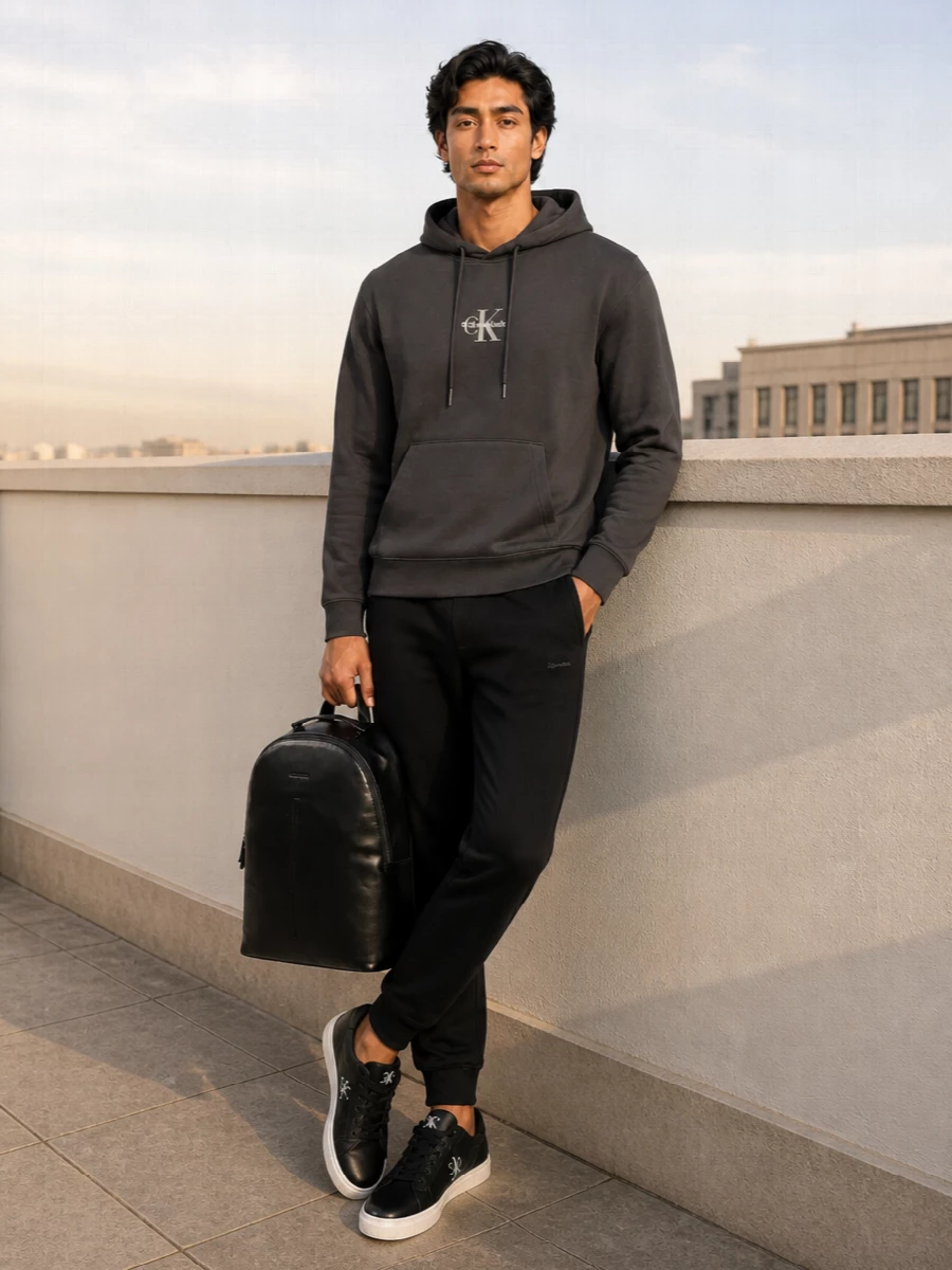 Calvin klein hoodie black joggers sneakers outfit