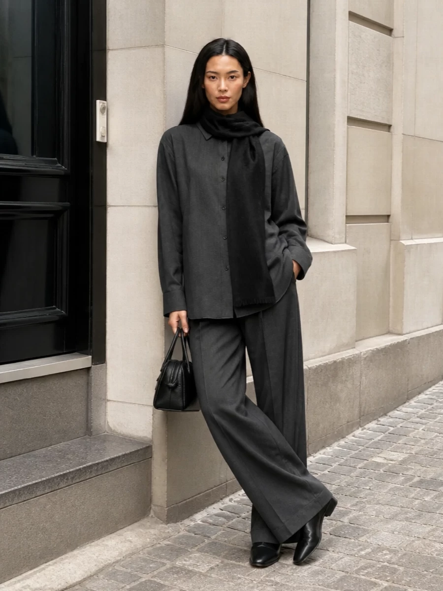 Jacquemus charcoal shirt wide leg trousers outfit