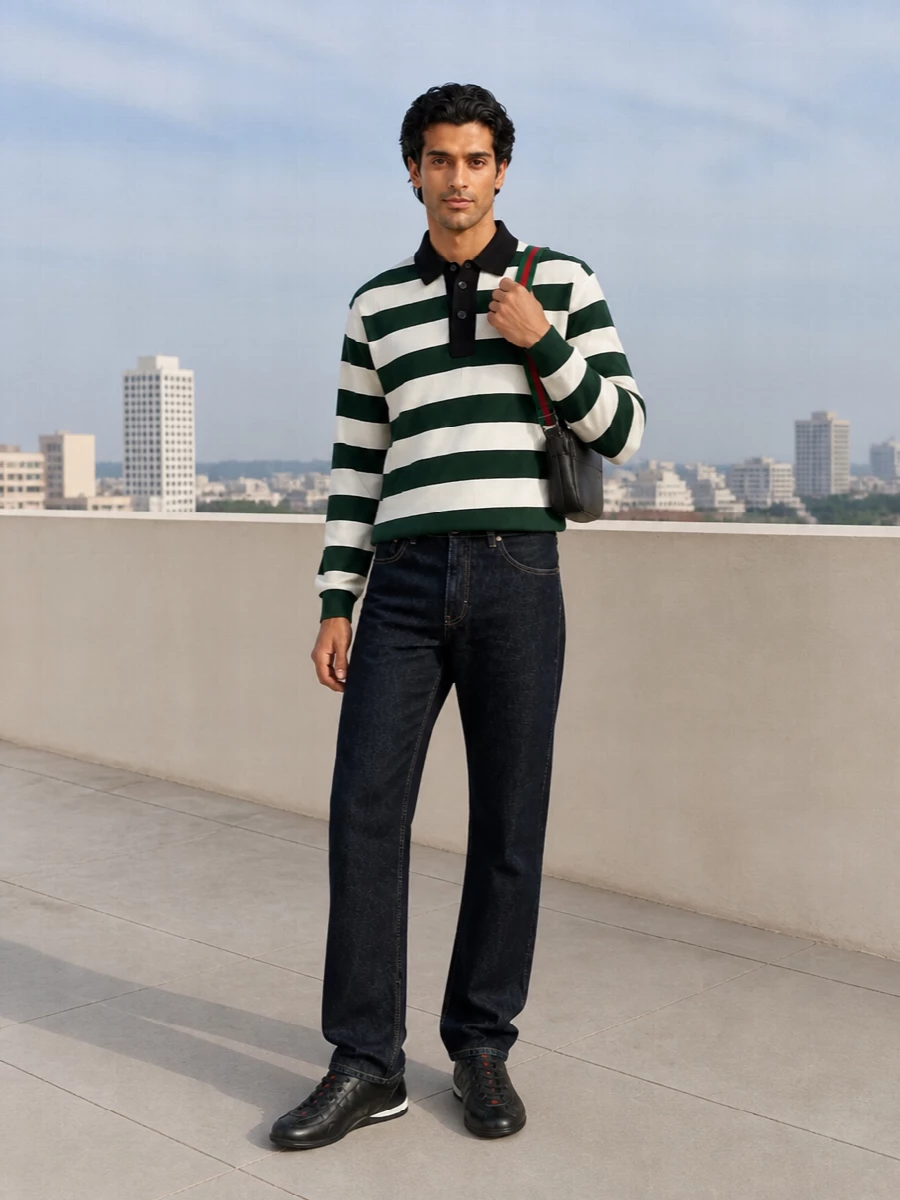 Gucci green stripe polo dark denim black sneakers