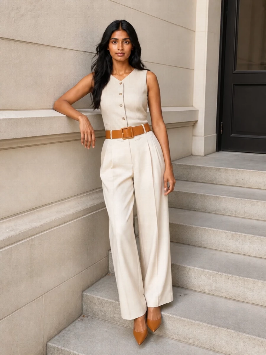 Loulou studio beige waistcoat ivory wide leg trouser