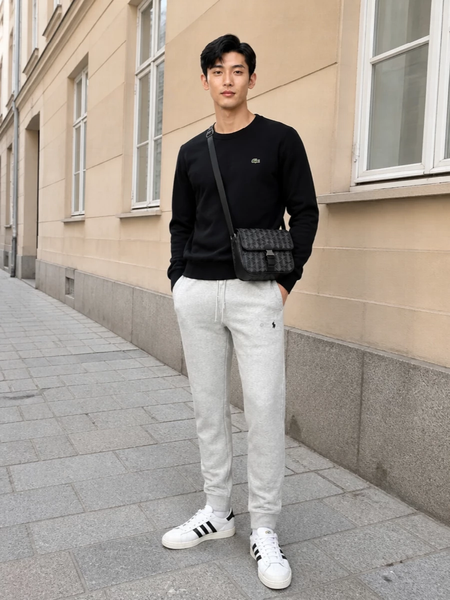 Lacoste sweatshirt grey joggers adidas sneakers