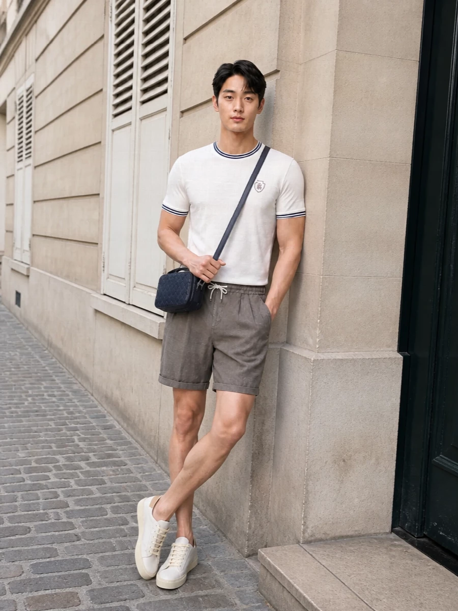 This look leans into refined resort ease: the contrast-tipped white tee sits above softly pleated taupe drawstring shorts for a balance of sport and tailoring that feels unmistakably Brunello. Tonal eggshell-and-sand sneakers keep the palette light and cohesive, while an inky-navy intrecciato crossbody introduces just enough structure and depth to finish the outfit with quiet confidence. It’s an effortlessly polished warm-weather uniform that feels considered but never overworked.