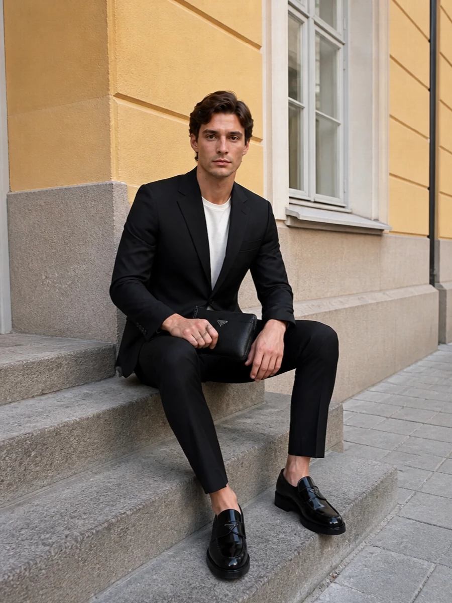 Prada black tailored suit penny loafers