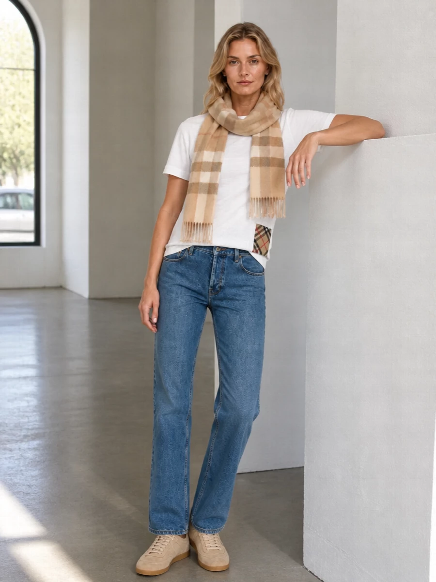 Burberry white tee jeans suede sneakers outfit