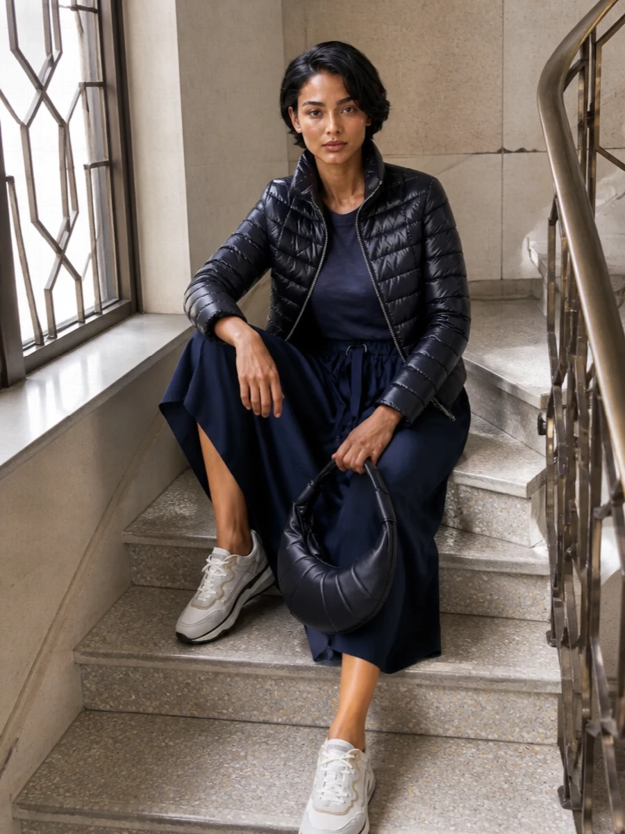 Herno navy puffer two tone midi dress sneakers