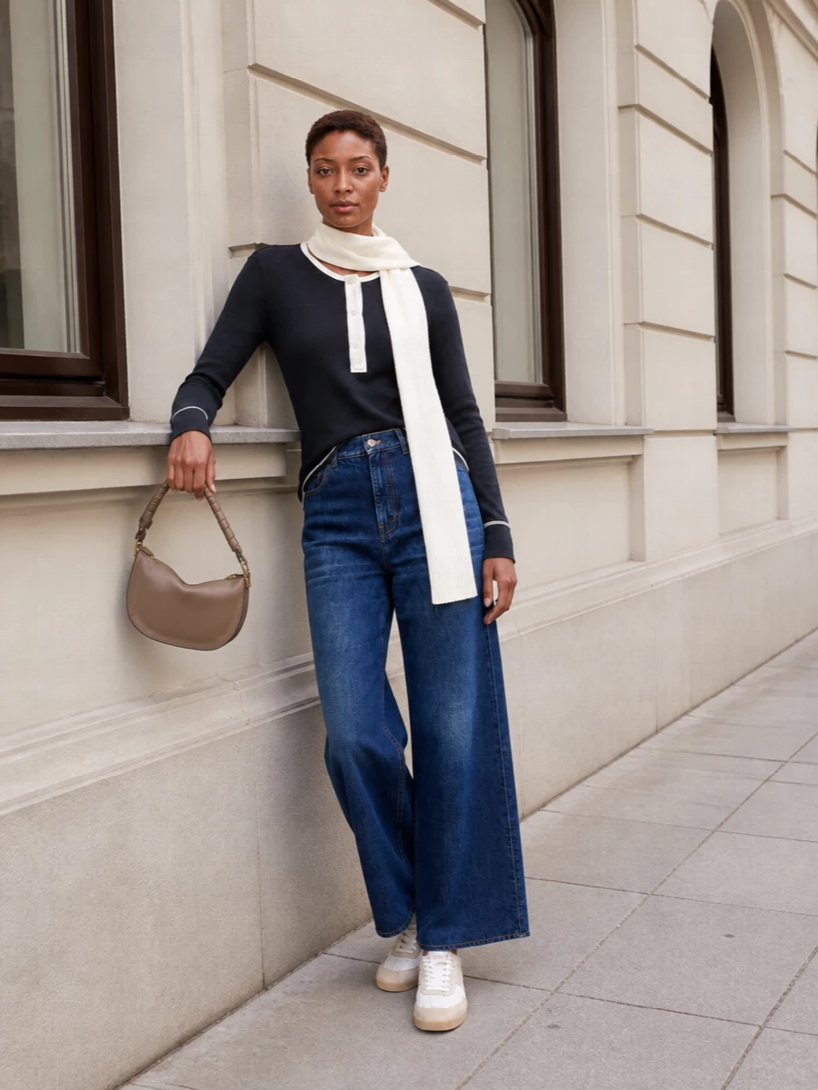 Chloe navy henley wide leg jeans outfit