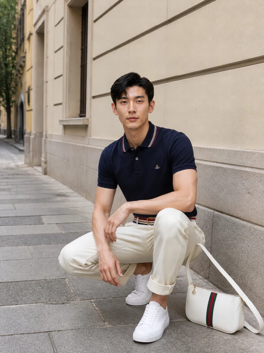Vivienne Westwood’s navy polo is grounded with soft off-white straight trousers for a smart, understated contrast that still feels easy. Clean white court sneakers keep the energy sporty yet polished, while the Gucci crossbody and striped Valentino belt echo the collar tones to pull the colour story together. The result is a preppy, quiet luxury outfit that works from city afternoons to relaxed dinners without changing a piece.