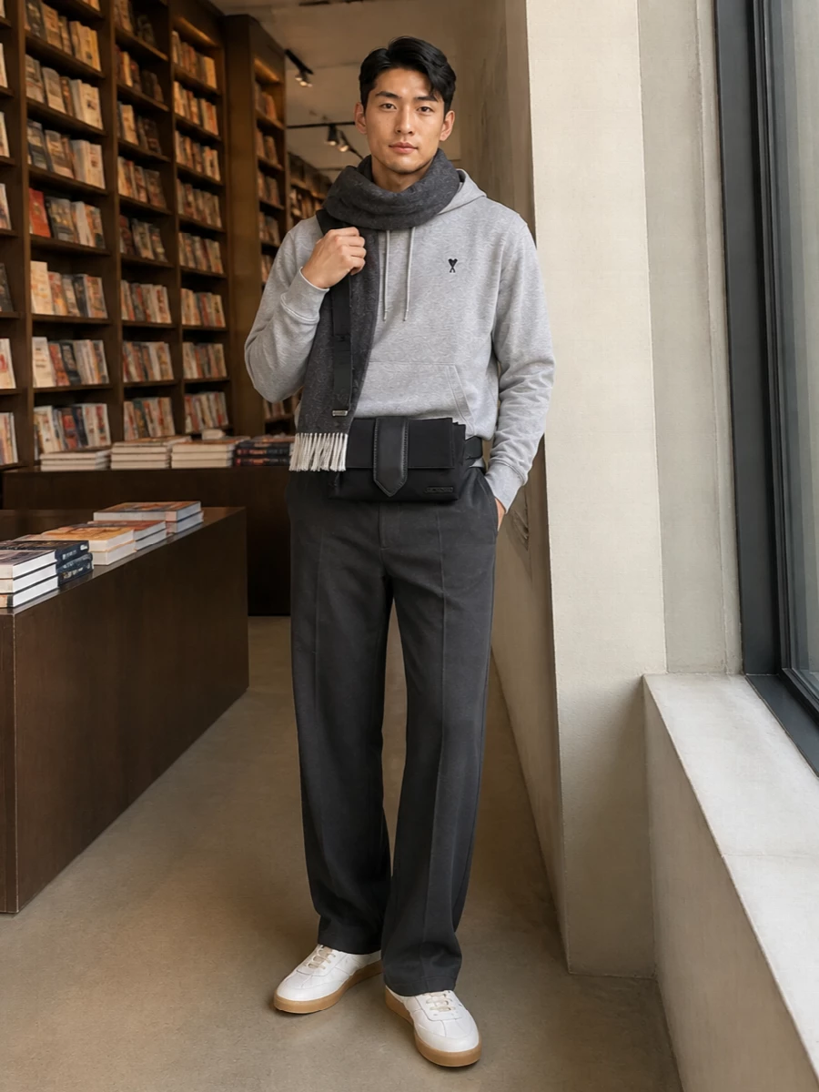 Charcoal straight-leg trousers set a clean, relaxed base, paired with a light grey logo hoodie for a soft contrast that keeps the mood casual but considered. Off-white gum-sole sneakers echo the hoodie and lighten the palette, while a black belt bag keeps the whole mix sharp and functional for city days. A brushed charcoal scarf quietly adds cold-weather depth without disturbing the minimalist balance.