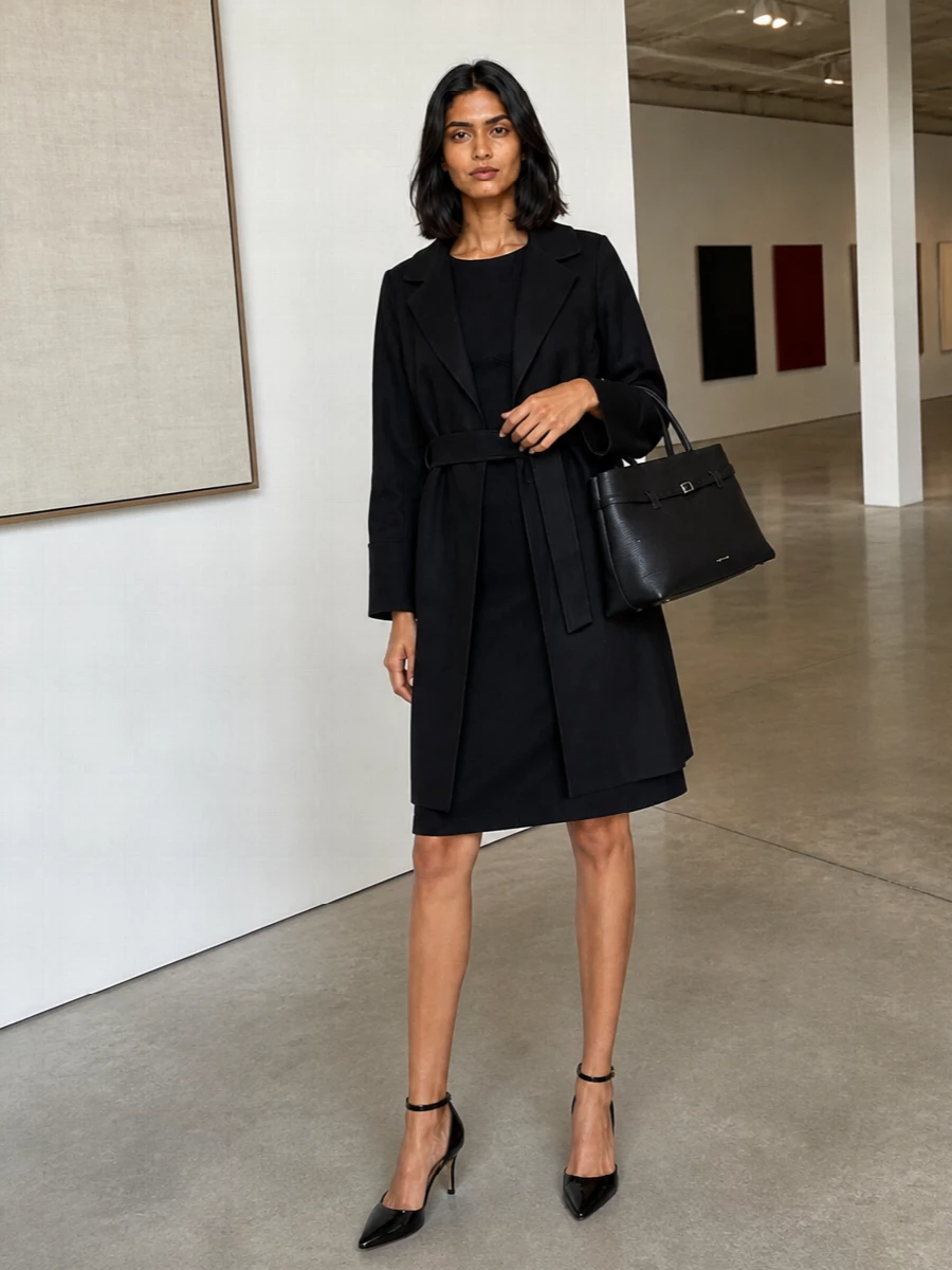 I am styling the coat with a tailored dress rather than separates, so the Max Mara outer layer can frame one uninterrupted column of black for maximum quiet impact. The Sportmax sheath, ankle-strap pumps, and structured top‑handle bag create a boardroom‑to‑dinner ensemble that is razor sharp yet understated under the belted coat. Together they read as intelligent, modern tailoring with no visible seams between brands or pieces.