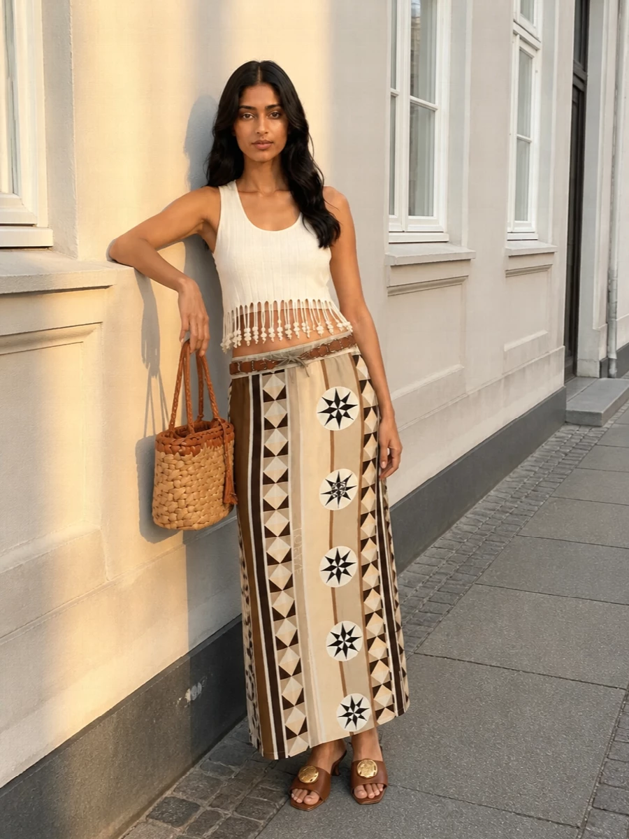 Loewe maxi skirt raffia bag summer outfit