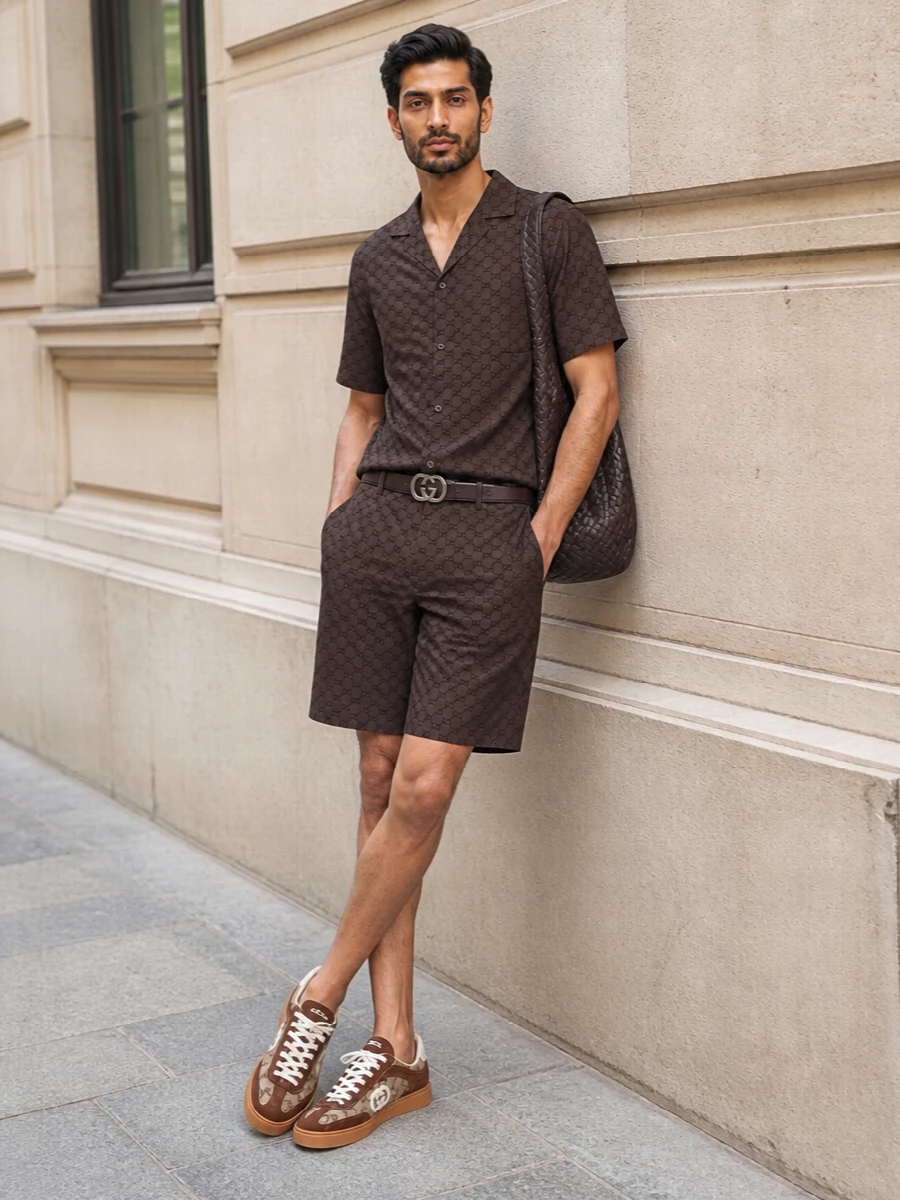 This look builds a refined Gucci co‑ord around the espresso GG shorts and matching camp shirt, keeping the silhouette relaxed but intentionally put together for warm‑weather city or resort settings. Brown monogram sneakers continue the tonal story without feeling overdone, while the Bottega crescent bag and a slim Ferragamo belt introduce discreet, non-logo-heavy texture that keeps everything elevated and quietly confident rather than shouty. It’s an easy, polished summer uniform that feels luxurious yet unfussy from brunch through late‑night drinks.
