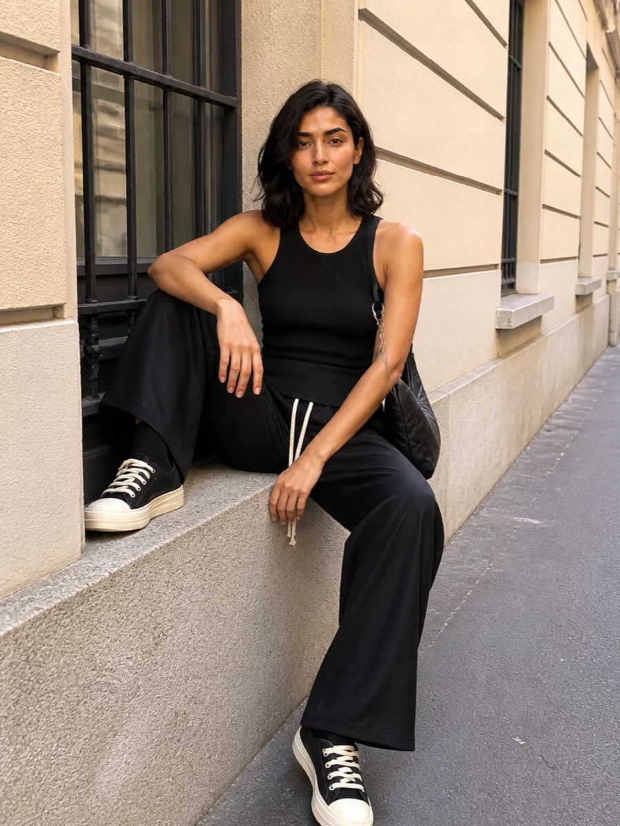 Rick owens wide leg trousers racerback tank sneakers