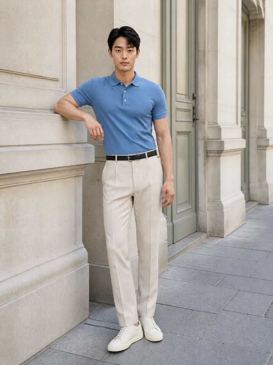 Sky blue and soft beige keep the outfit light, clean and quietly polished, with the tailored trouser sharpening the relaxed polo. Cream-toned sneakers maintain the ease while still reading refined, and the tan tote adds a considered hint of warmth that feels deliberately grown-up. A minimal T-buckle belt finishes the waist with just enough structure to keep everything composed from lunch to late afternoon meetings.
