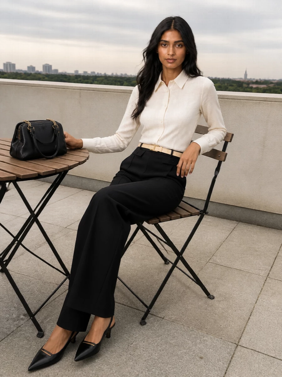 Elisabetta franchi ivory shirt black wide leg trousers