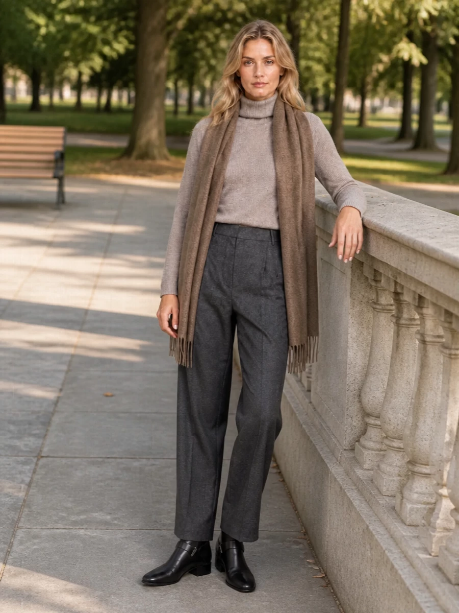 A mink-beige turtleneck paired with charcoal pleated trousers creates a calm, tailored base that feels polished without trying too hard. Black ankle boots ground the silhouette cleanly, while a structured taupe top-handle and matching scarf soften the contrast for a quietly refined winter ensemble. The result is modern, understated and suited to days that move easily from desk to dinner.
