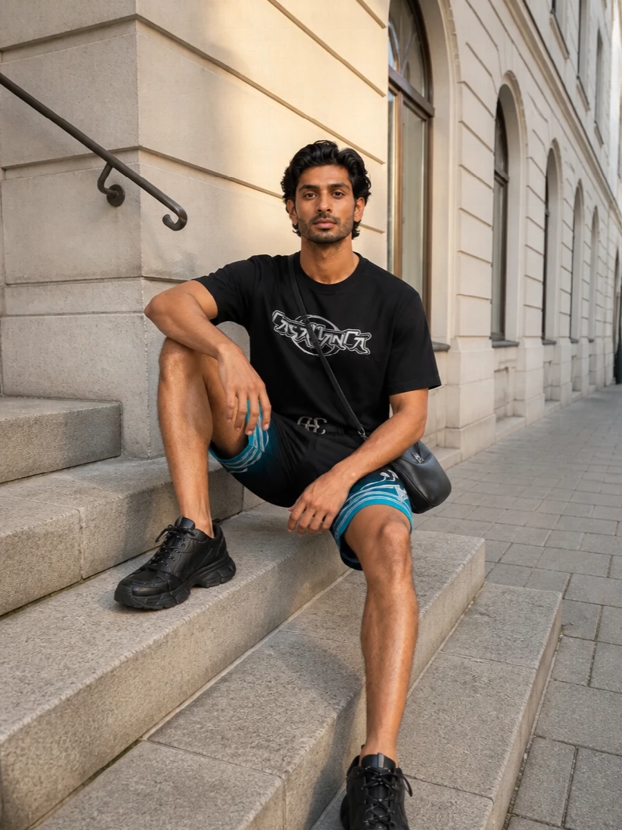 Graphic street energy anchored in black lets the tee and shorts carry the attitude while everything else stays sharp and monochrome. Relaxed volumes up top and at the hem are tightened just enough by a defined waist and streamlined crossbody so the silhouette feels intentional, not sloppy. It is fashion-forward but easy to wear for city days that move from gallery to late-night ramen.