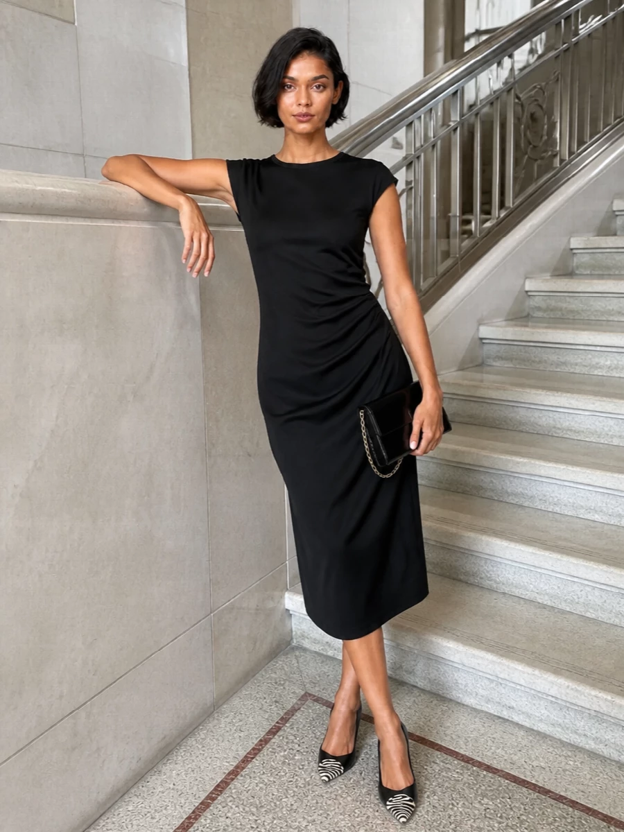 This is a modern cocktail edit built around a disciplined black column and a single, graphic shoe. The draped Max Mara midi keeps the line sleek and tailored, letting the Isabel Marant pump’s zebra toe add all the attitude. A glossy black clutch completes the story with quiet evening shine and nothing extraneous.