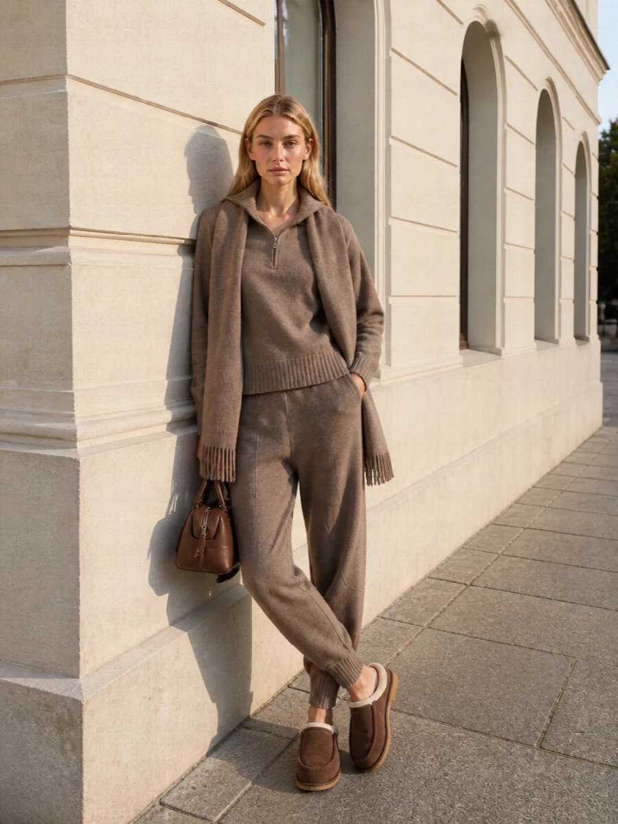 Taupe on taupe creates a calm, monochrome story, with the relaxed jogger and matching half-zip knit reading as a single, cocooning set. Shearling mules keep the mood intimate and quiet, while the compact chocolate barrel bag and tonal scarf introduce just enough structure and depth to feel considered rather than casual.