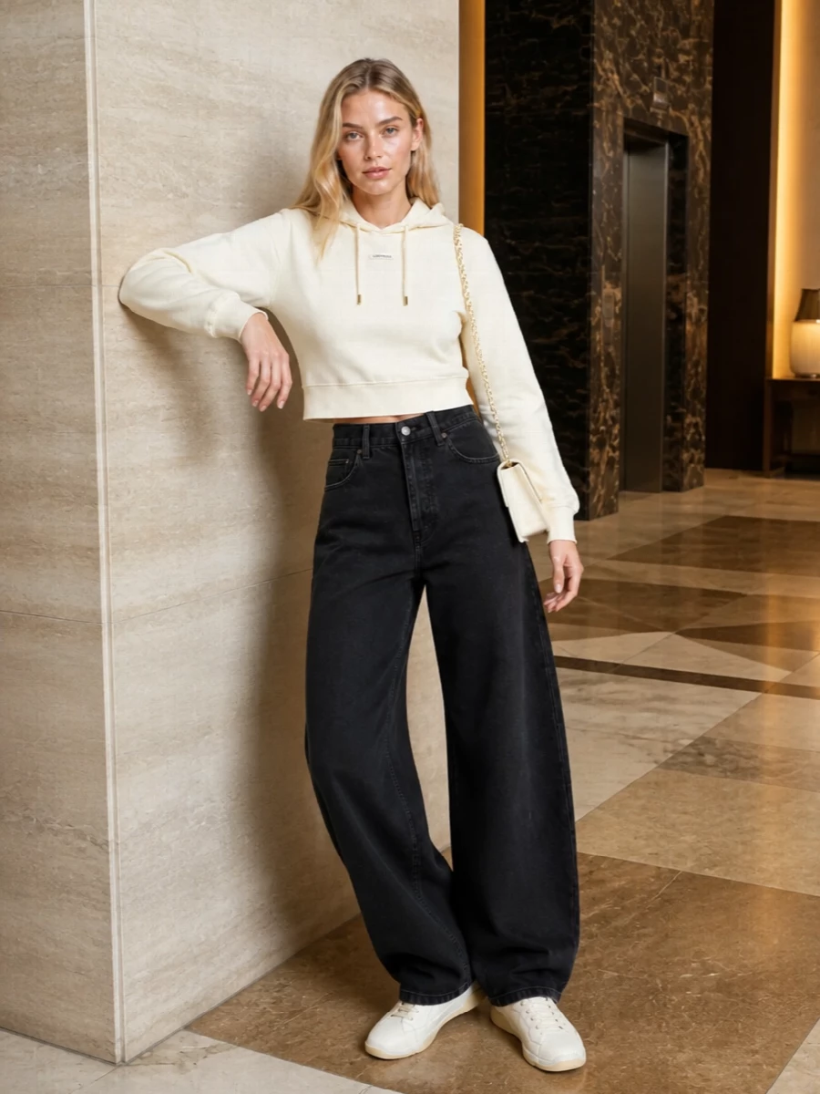 Jacquemus hoodie wide leg jeans prada sneakers