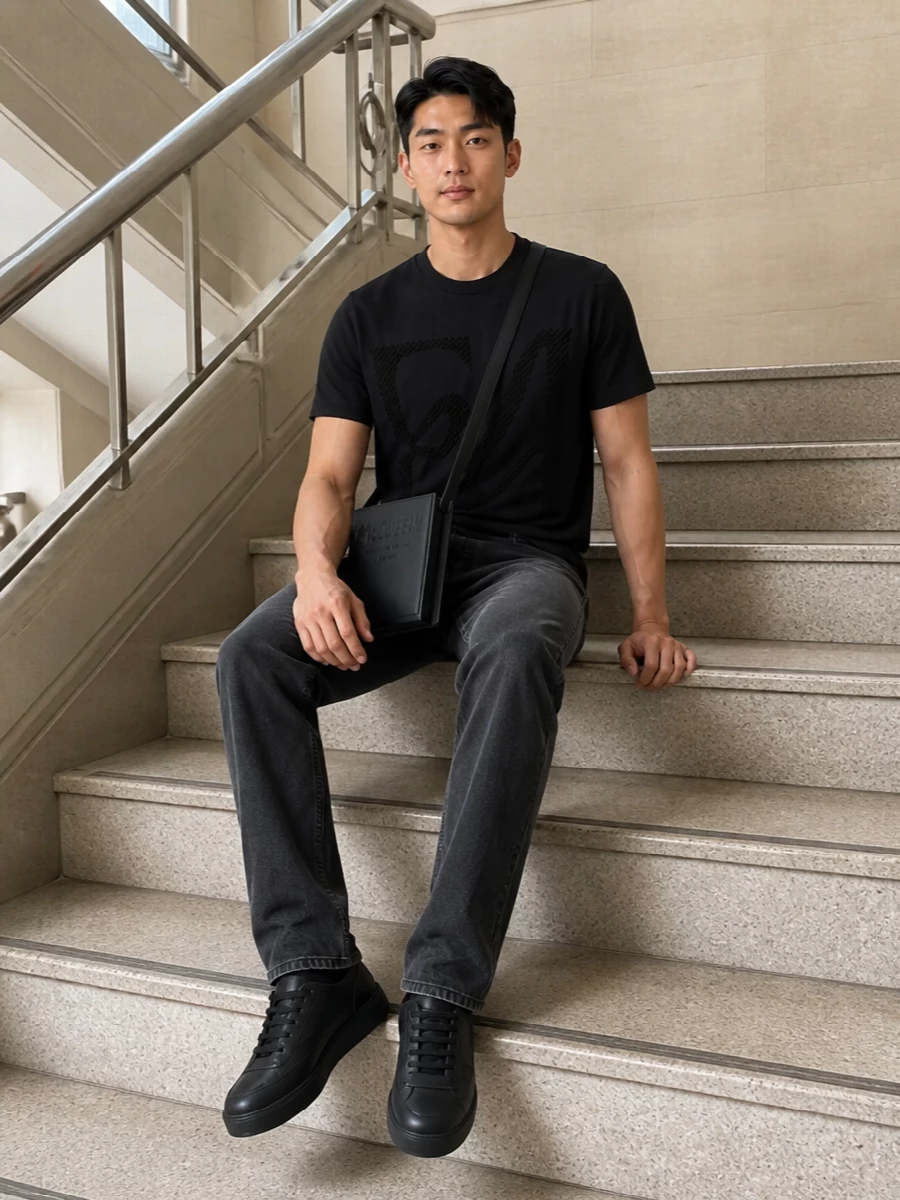 Emporio Armani’s graphic tee anchors a monochrome streetwear set when paired with washed black Haikure denim, keeping the silhouette regular and unfussy. Tonal Dolce&Gabbana sneakers continue the black-on-black story while adding a polished finish. The slim Alexander McQueen crossbody brings just enough structure and hardware to feel considered, without breaking the minimalist mood.