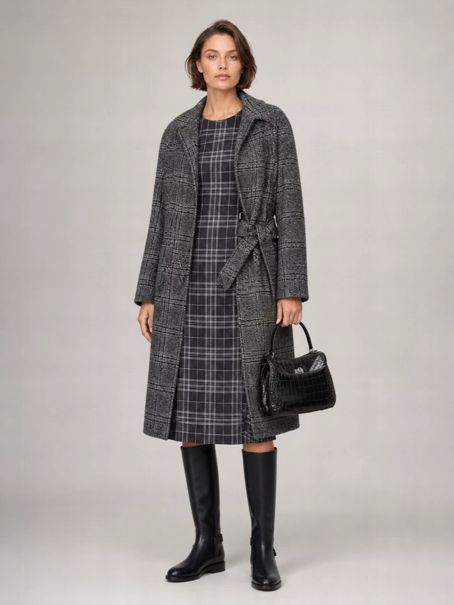 Balenciaga Wool Checked Belted Single-Breasted Coat