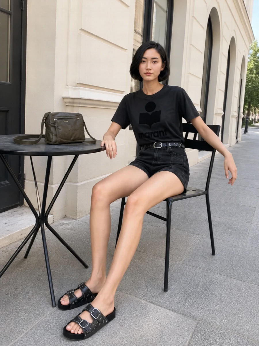 Isabel marant black denim shorts logo tee outfit