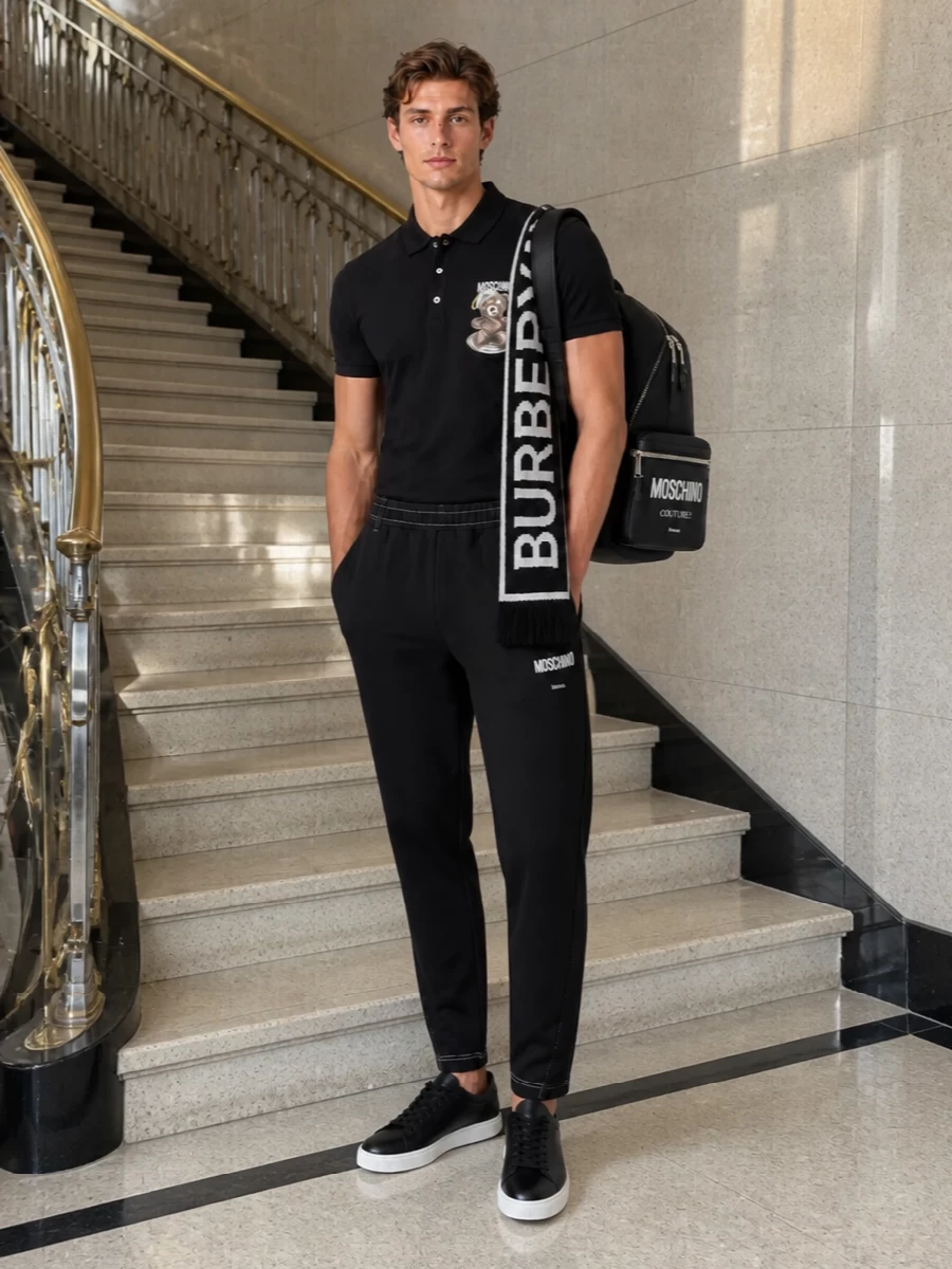 Moschino mens black polo joggers sneakers outfit