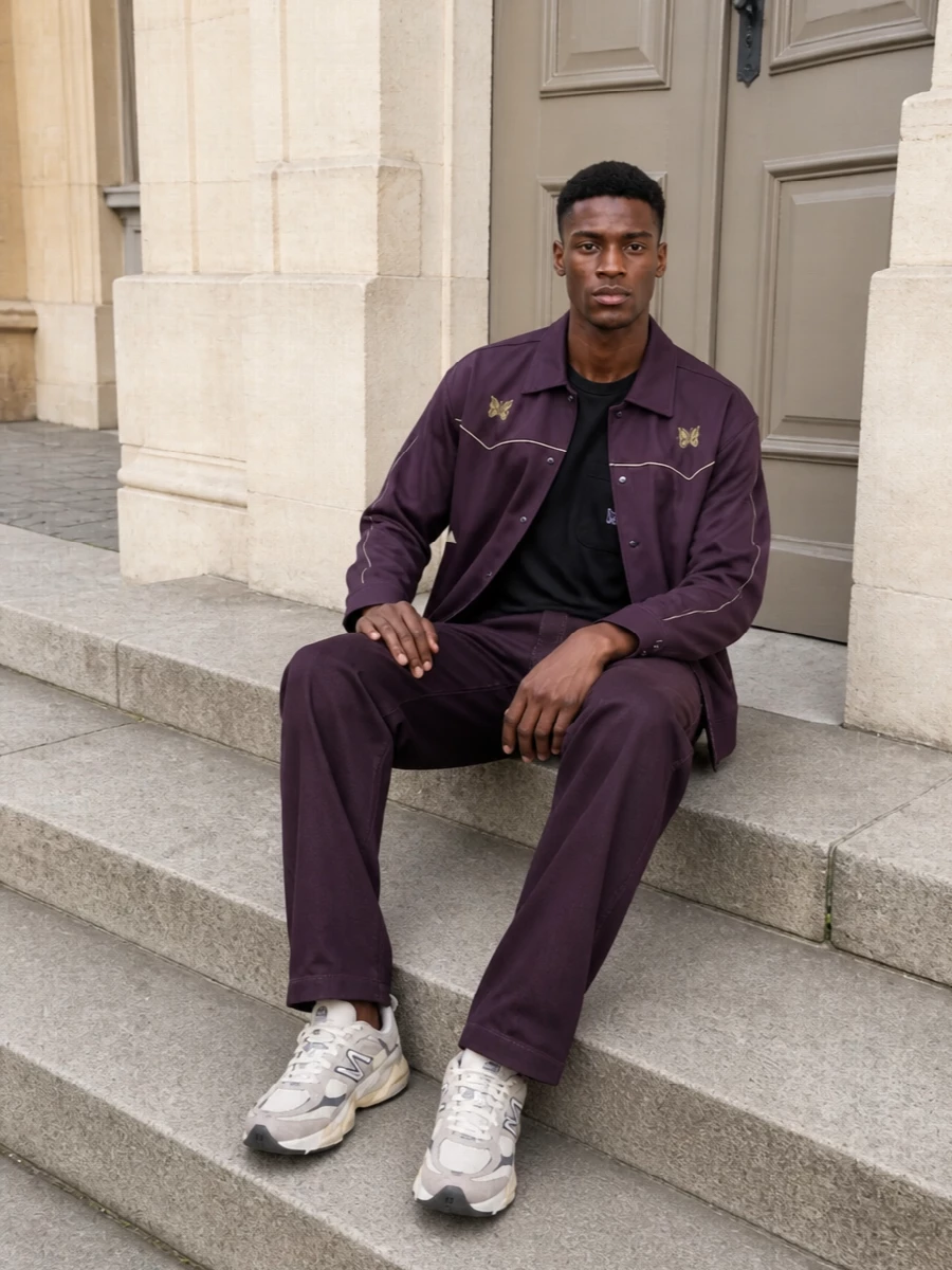 Needles plum jacket aubergine trousers outfit