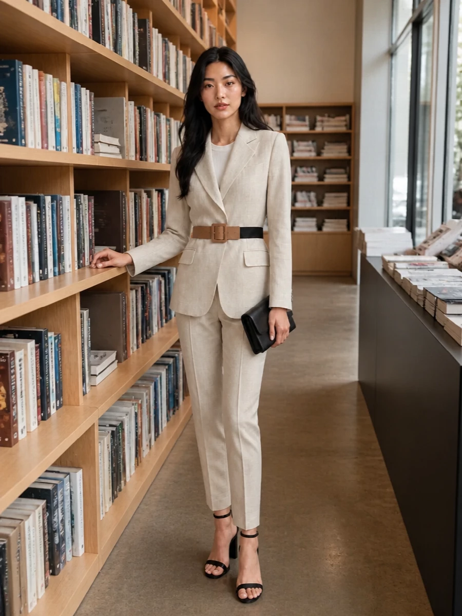 Max mara beige blazer tailored trousers outfit