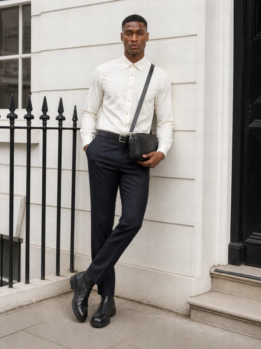 Bottega veneta navy trousers ivory shirt outfit