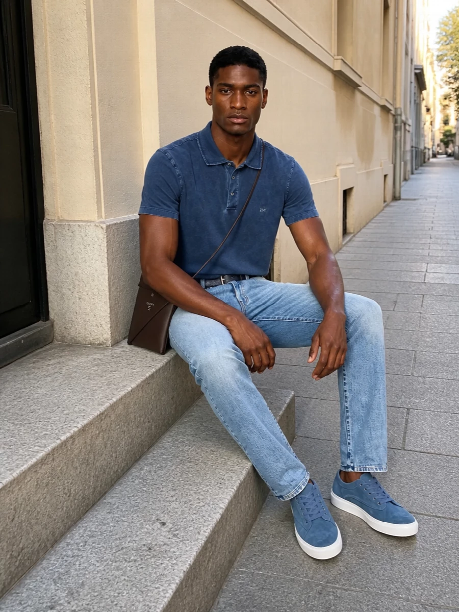 Fay light wash jeans navy polo blue sneakers