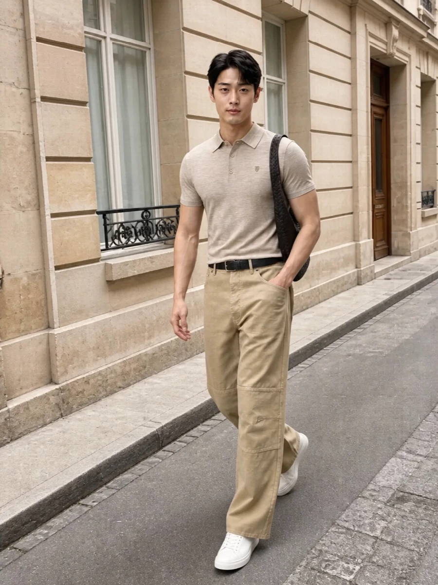 This look leans into tonal sand and beige for a refined, workwear-informed SS uniform: wide-leg Burberry trousers paired with a finely knit sand polo for a relaxed yet polished line. Clean white low-top sneakers keep the silhouette modern and light, while a dark espresso intrecciato crossbody and a slim black belt add just enough contrast and craftsmanship to signal quiet luxury without disturbing the calm palette.