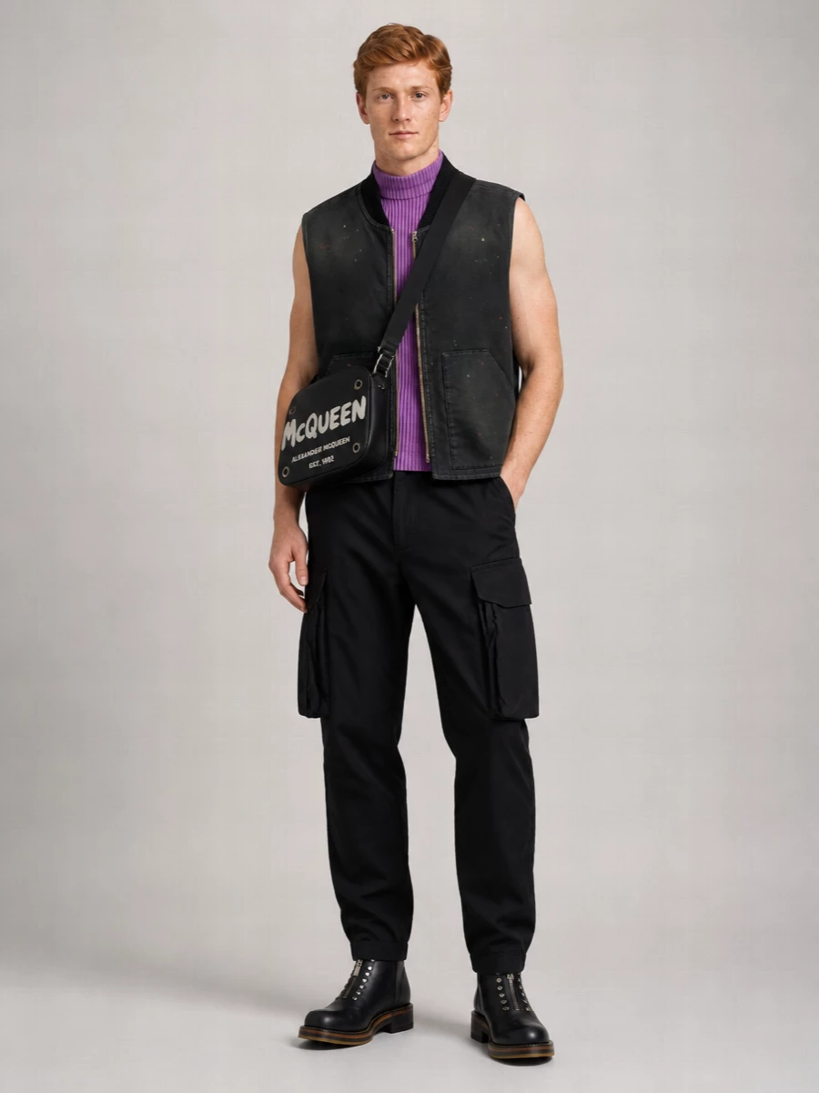 Margiela’s paint-flecked vest sits over that pleated purple mock-neck like an art student who knows exactly what they are doing. Black Comme des Garçons cargos, studded McQueen boots and the logo crossbody keep it dark, hardware-heavy and properly street, so the color hit reads intentional, not loud. The result is a winter-ready studio uniform with just enough chaos in the right places.